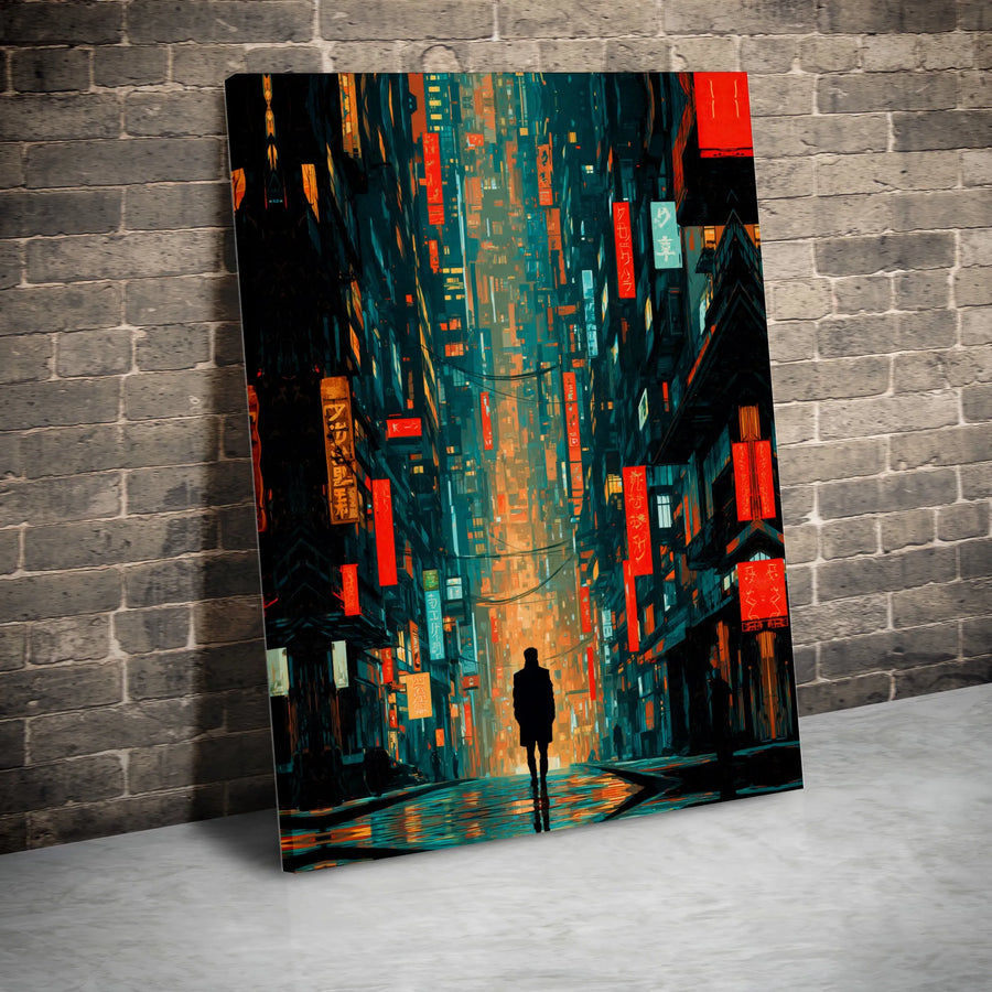 Cyberpunk City Canvas Print | Neon Rain Street Art | Premium 1.25" Gallery Wrap | Modern Dystopian Wall Decor For Gamers