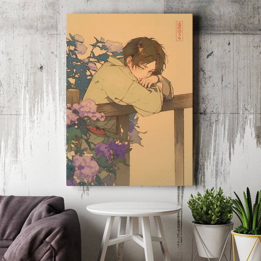 Anime Aesthetic Canvas Wall Art | Melancholy Boy with Hydrangeas | Premium Gallery Wrap Decor | Gift for Otaku and Manga Fans