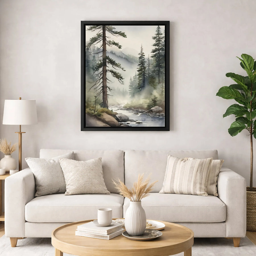 Foggy Pine Forest Canvas Wall Art | Watercolor Nature Landscape Print | 1.25-Inch Gallery Wrap | Modern Mountain River Decor for Home Office