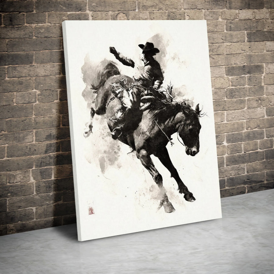 Rodeo Cowboy Canvas Art | Bucking Bronco Ink Wash Painting | Premium Gallery Wrap Wall Decor | Western Living Room Gift for Him