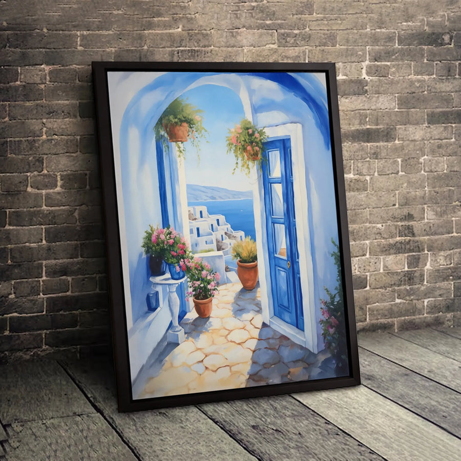 Santorini Greece Canvas Art | Mediterranean Coastal Seascape with Blue Door | Premium Fade-Resistant Gallery Wrap | Elegant Home Decor Wall Art