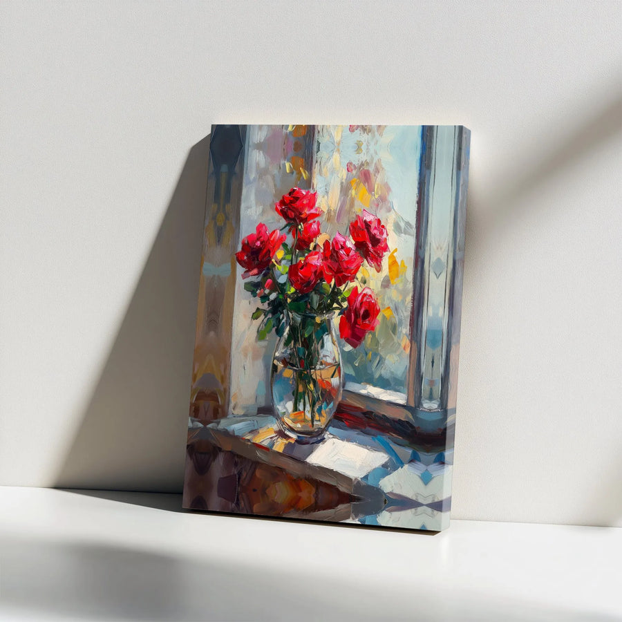 Red Rose Flower Canvas Print | Impressionist Still Life Painting | Gallery Wrapped Wall Art | Romantic Floral Home Decor Gift