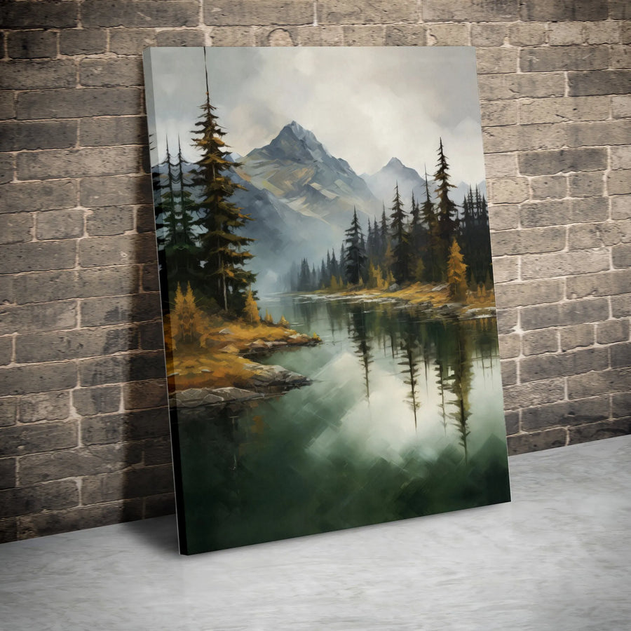 Misty Mountain Lake Canvas Wall Art | Pine Forest Landscape Print | Premium 1.25-Inch Gallery Wrap | Nature Home Decor Gift for Wilderness Lovers