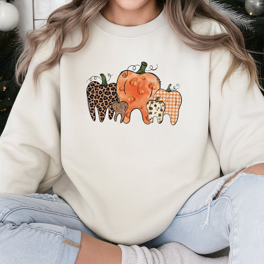Dentist Pumpkin Sweatshirt | Leopard Print Dental Halloween Graphic | Soft Cotton Blend | Fall Holiday Gift for Dental Hygienist and Dentist