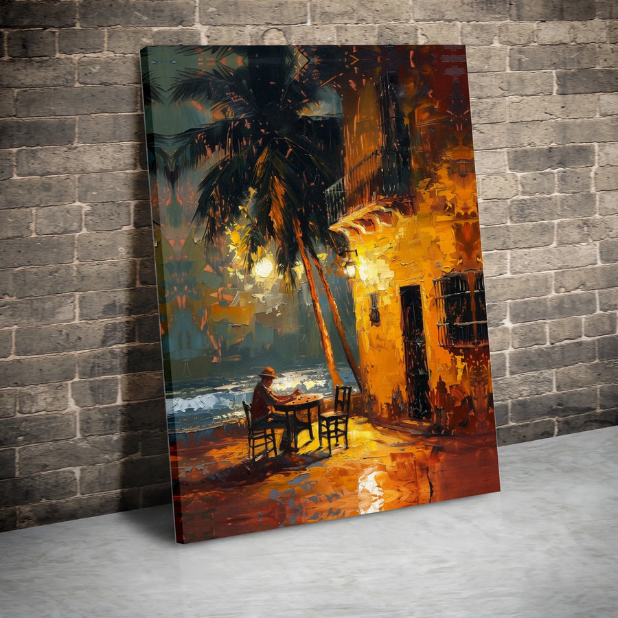 Coastal Night Scene Canvas Wall Art | Impressionist Man by the Sea Painting | Premium Gallery-Wrapped Print | Coastal Home & Office Decor Gift