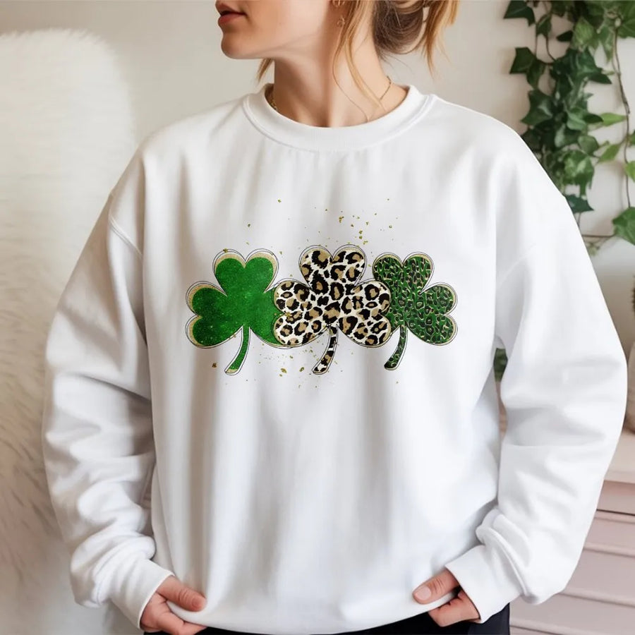 Leopard Shamrocks St Patricks Day Sweatshirt | Irish Green Clover Graphic | Premium Cotton Blend | Unisex Festive Gift for Women and Men