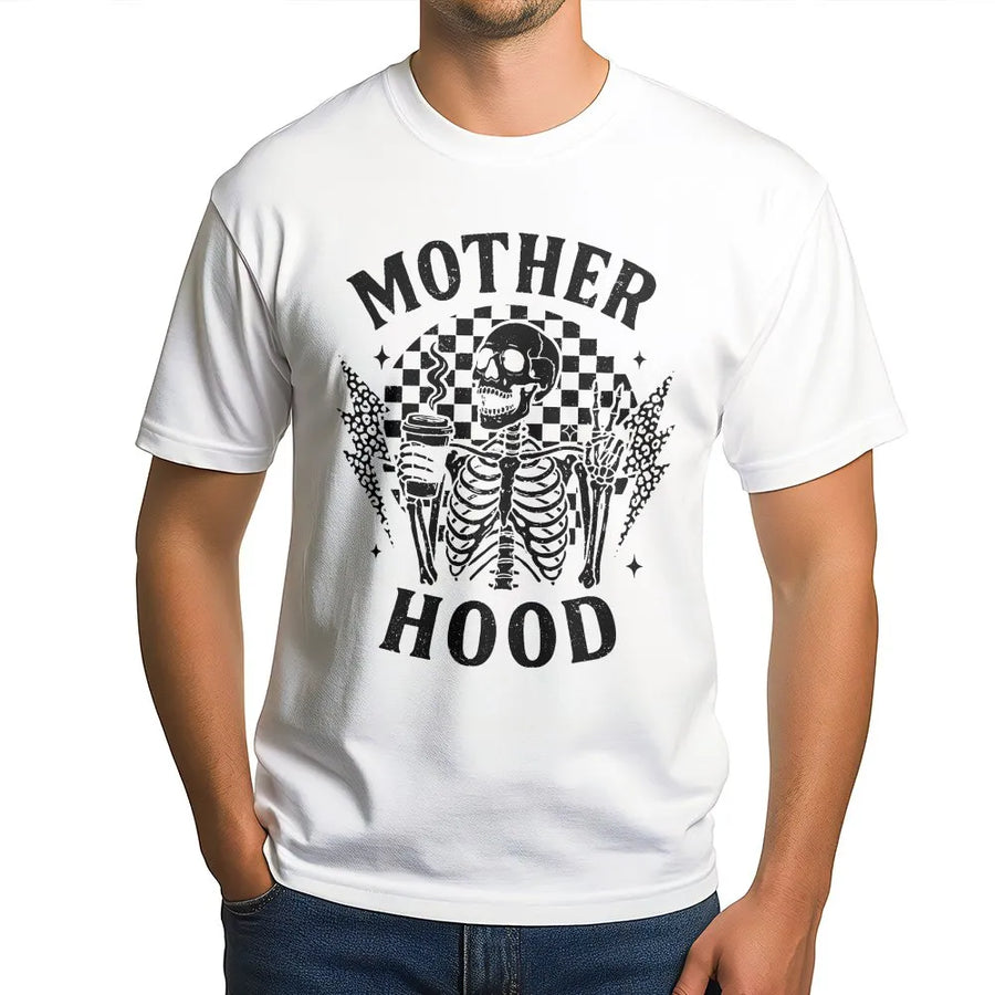Motherhood Skeleton T-Shirt | Funny Coffee & Chaos Graphic | Premium Cotton-Blend Pullover | Edgy Mom Life Gift for Mother's Day