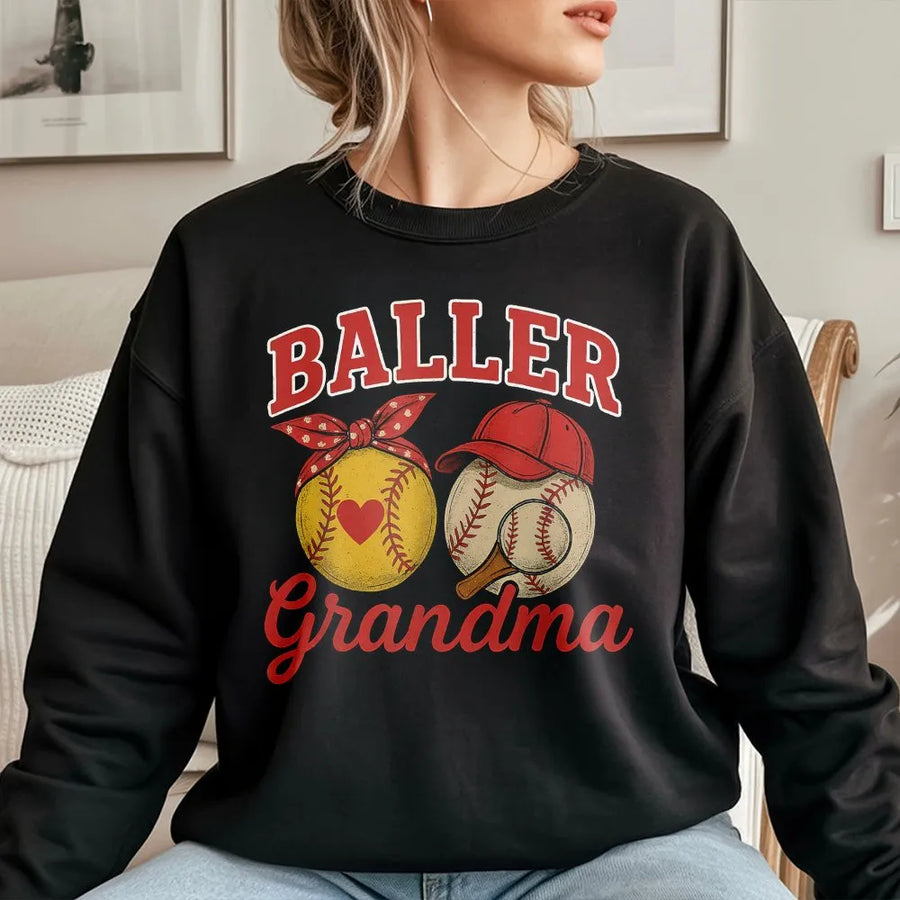 Baller Grandma Baseball Softball Sweatshirt | Retro Sport Team Mom Design | Premium Cotton Blend | Game Day Gift for Nana and Grandmother