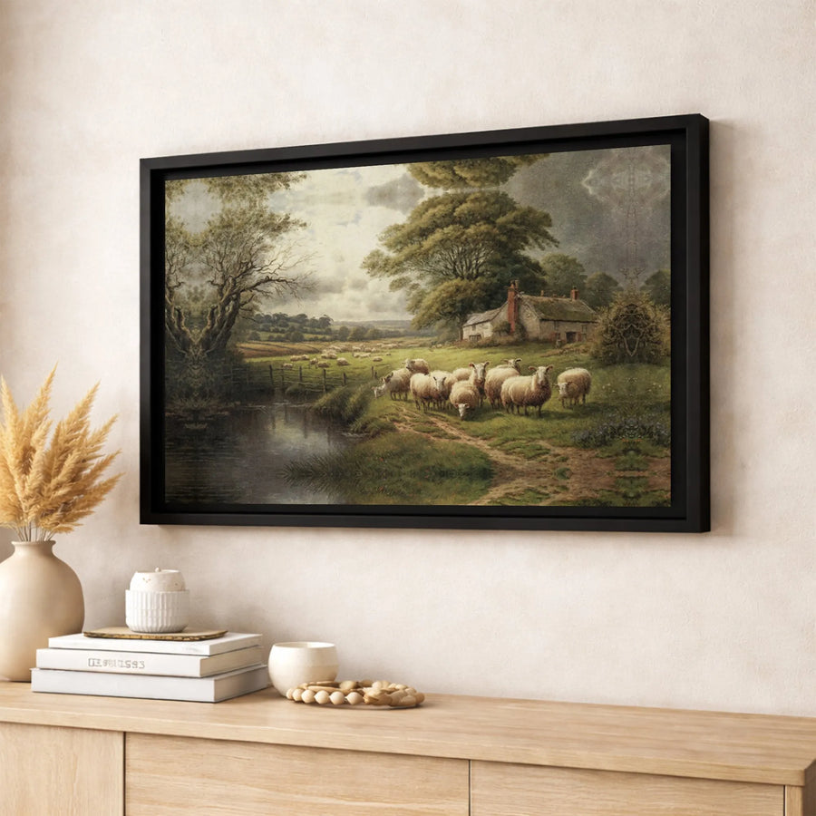 English Countryside Sheep Painting | Vintage Farmhouse Landscape Wall Art | Gallery Wrapped Premium Canvas | Rustic Cottage Home Decor Gift