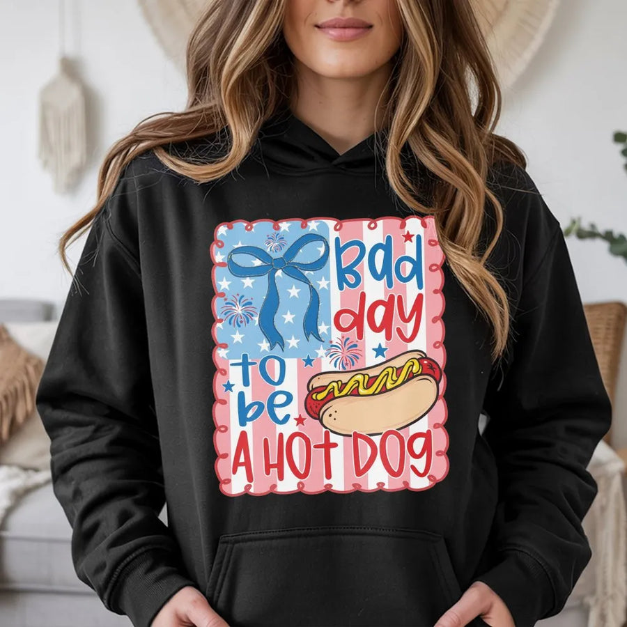 Bad Day To Be A Hot Dog Hoodie | Funny 4th of July Sweatshirt | Premium Cotton-Blend | Patriotic BBQ Party Gift for Men & Women