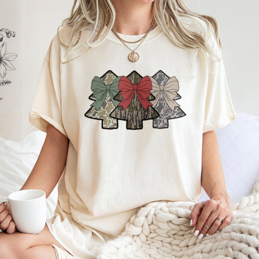 Camo Christmas Tree T-Shirt | Coquette Bow Holiday Graphic | Premium Cotton Unisex Tee | Country Hunting Lover Gift