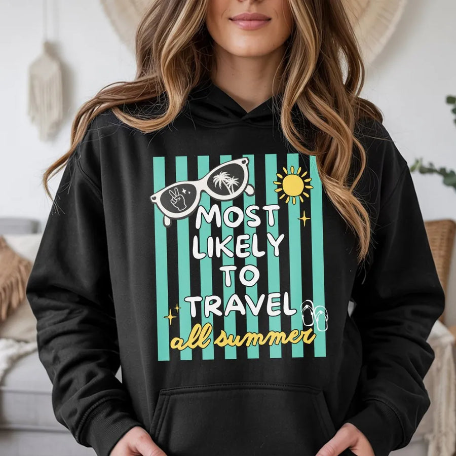 Most Likely To Travel Hoodie | Retro Summer Graphic Pullover | Premium Soft Cotton Blend | Funny Vacation Gift for Traveler