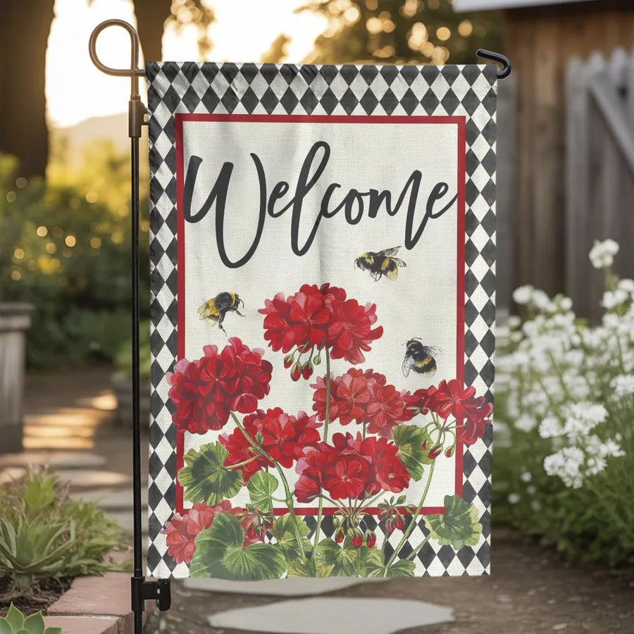 Red Geranium Welcome Flag | Botanical Bees & Harlequin Border | Double Sided Premium Polyester | Spring Summer Outdoor Yard Decor Gift