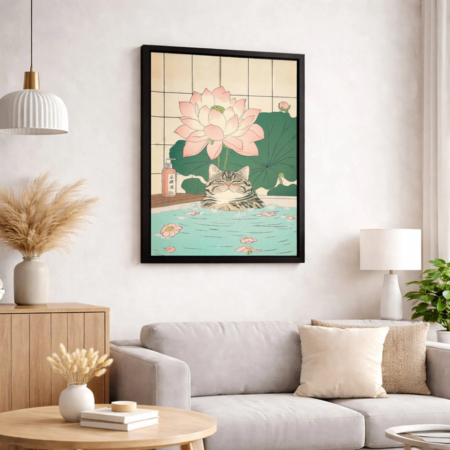 Japanese Cat Wall Art | Ukiyo-E Tabby In Lotus Bath | Premium Gallery Wrapped Canvas | Zen Home Decor Gift for Cat Lovers