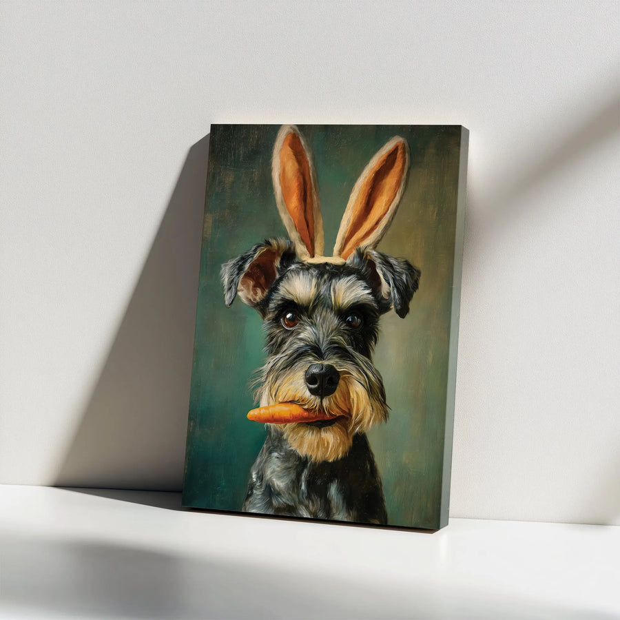 Funny Schnauzer Canvas Print | Dog Wearing Bunny Ears Vintage Portrait | Premium 1.25" Thick Gallery Wrap | Easter Decor Gift for Dog Lover