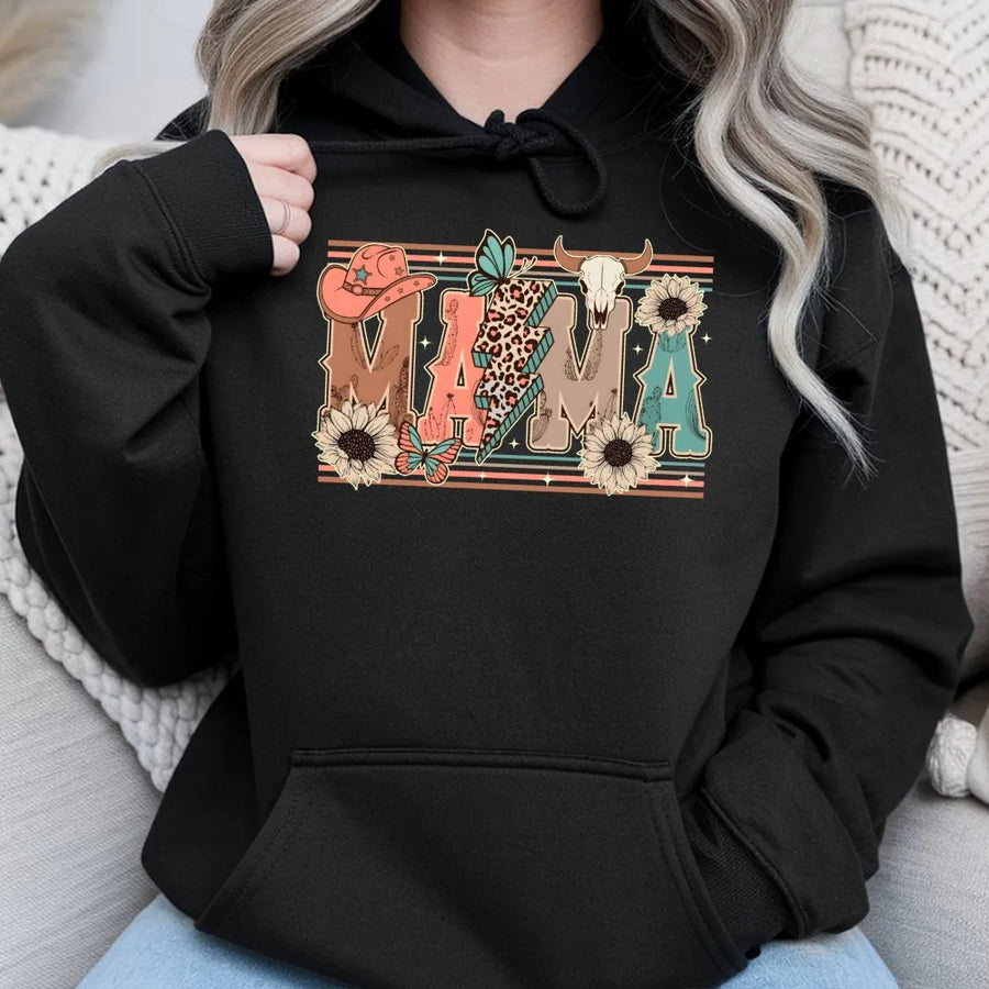 Western Mama Hoodie | Retro Cowgirl Cowhide Lightning Bolt Graphic | Premium Cotton Blend | Mother's Day 2026 Gift For Her