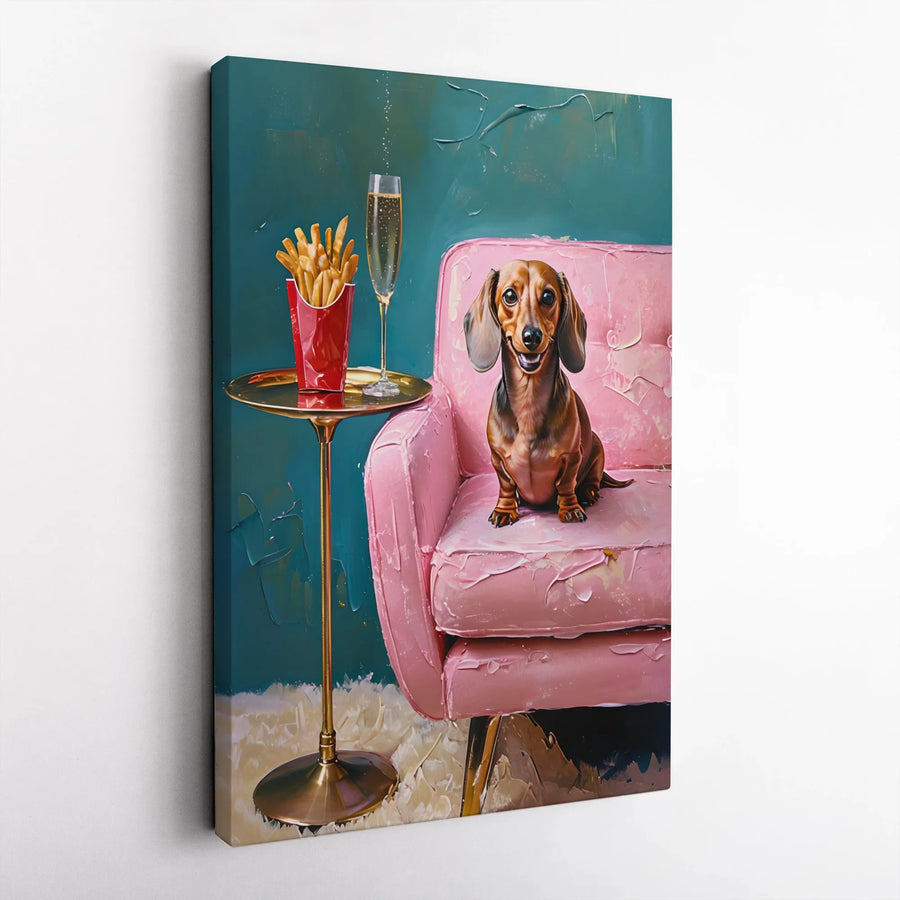 Dachshund Dog Wall Art | Pink Couch Champagne French Fries Canvas | Premium Gallery-Wrapped Print | Whimsical Pet Lover Gift