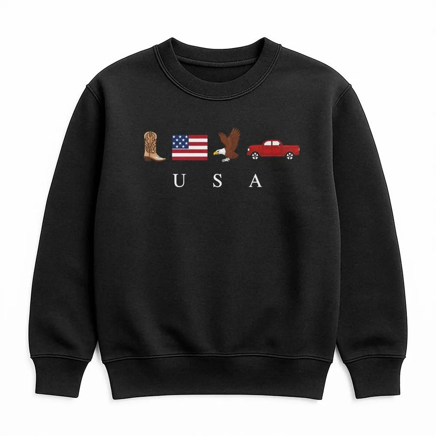 Patriotic USA Sweatshirt | Vintage American Icons Graphic | Soft Cotton Blend | 4th of July Gift for Men & Women