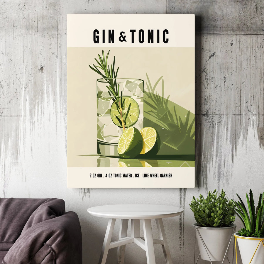 Gin and Tonic Cocktail Wall Art | Minimalist Bar Recipe Print | Gallery-Wrapped Canvas | Kitchen Decor Gift for Cocktail Lovers