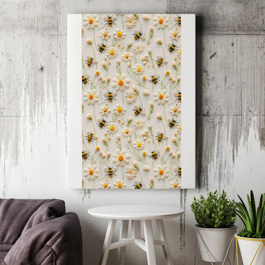 Bee and Daisy Canvas Wall Art | 3D Embroidered Look Botanical Print | Premium Thick Gallery Canvas | Cottagecore Home Decor Gift