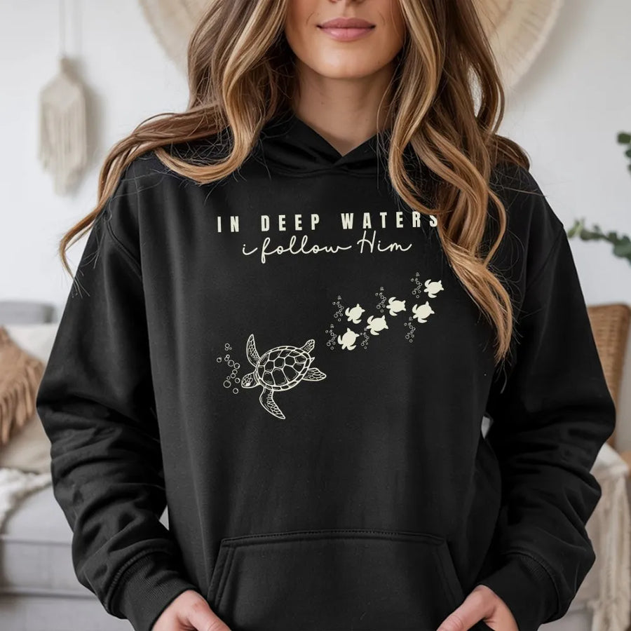 Coastal Christian Turtle Hoodie | 'In Deep Waters' Scripture Quote | Premium Cotton Blend | Faith Based Beach Gift for Women