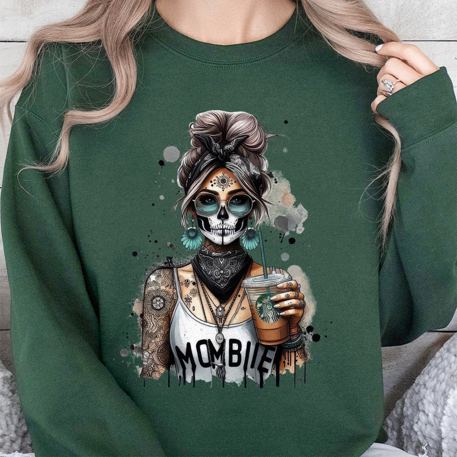 Mombie Sweatshirt | Funny Skull Mom Coffee Graphic | Premium Cotton Blend Crewneck | Sarcastic Parenting Gift for Her