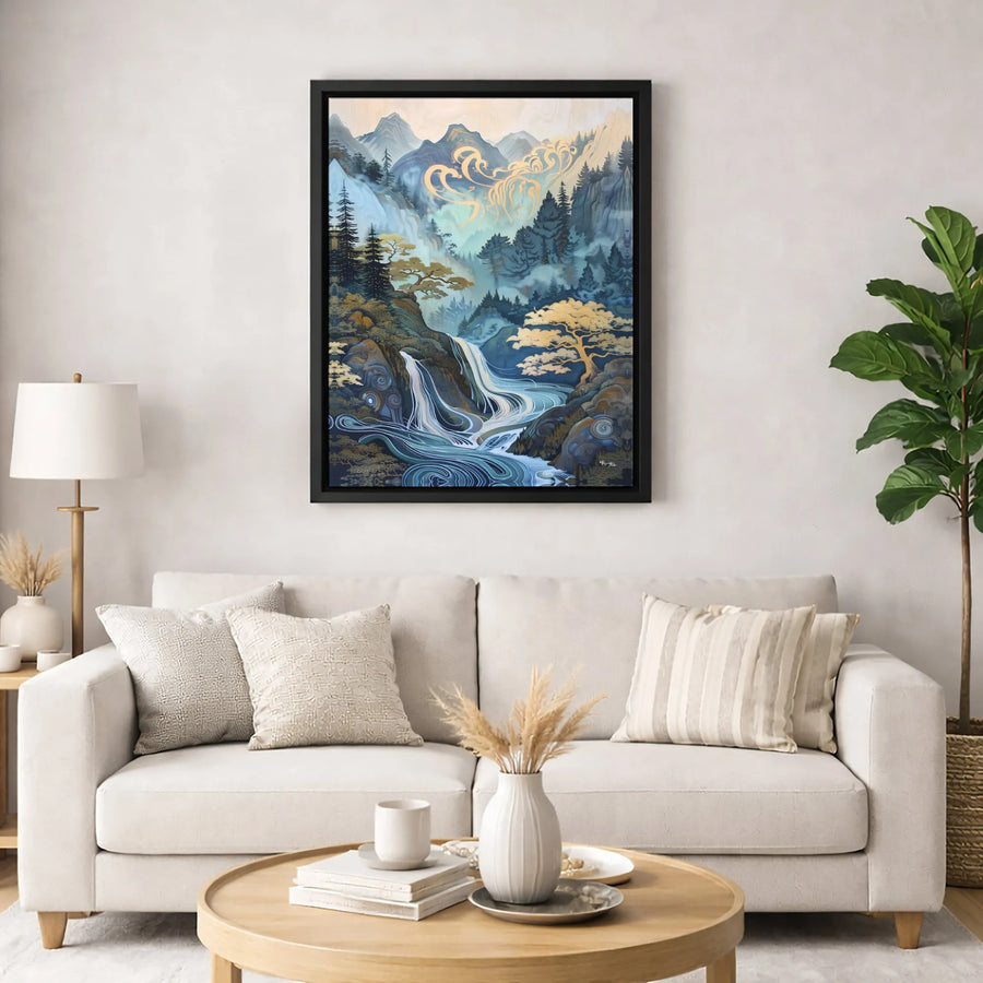 Japanese Mountain Landscape Canvas | Golden Swirl Waterfall Wall Art | Premium Gallery Wrapped Print | Zen Home Decor Gift