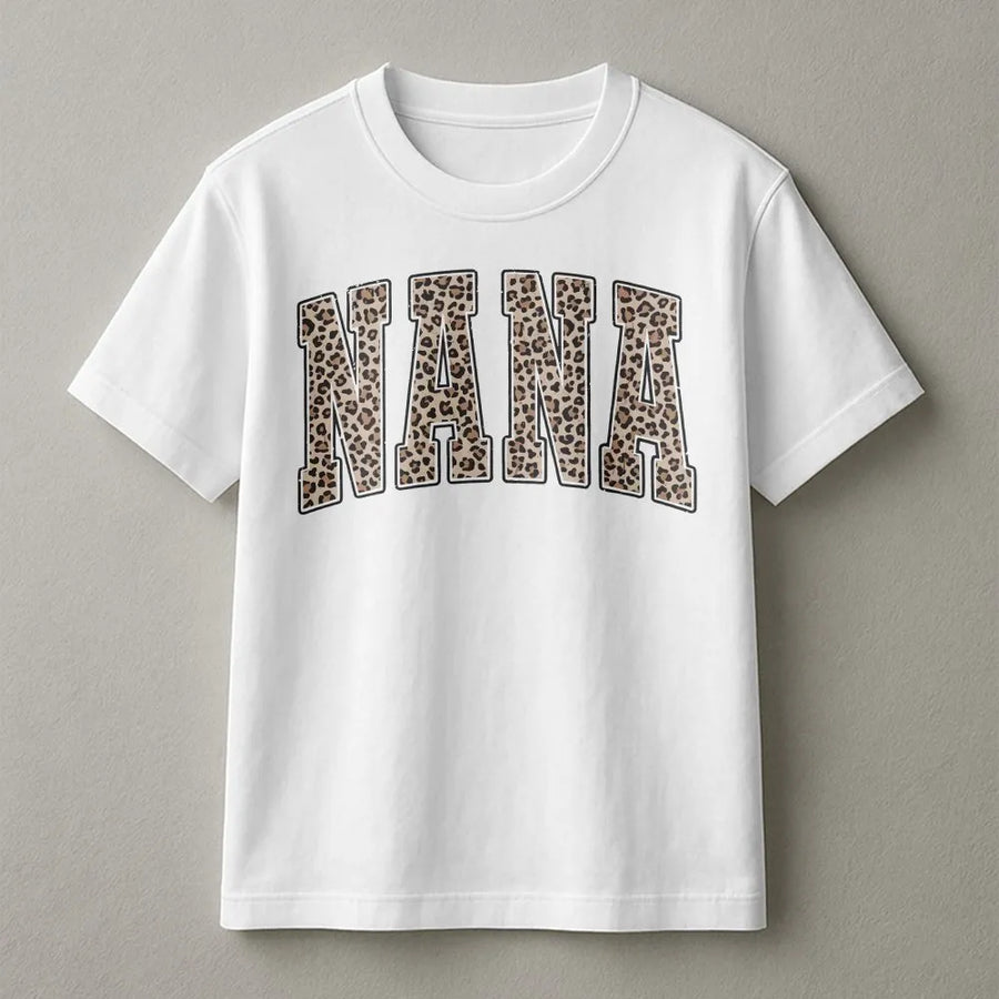 Nana Leopard Print Shirt | Cute Varsity Letter Graphic Tee | Premium Soft Cotton | Mothers Day or Birthday Gift for Grandma
