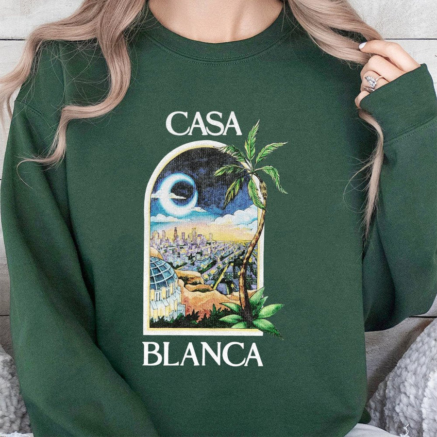 Casa Blanca Sweatshirt | Tropical City Window Graphic Art | Premium Cotton Blend Crewneck | Unisex Travel Aesthetic Gift for Vacation Lovers