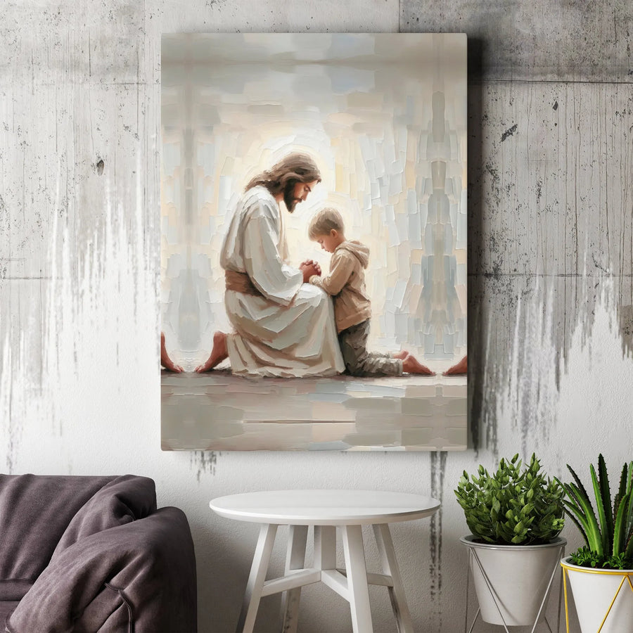 Jesus Praying With Child Canvas Art | Religious Oil Painting Style | Premium Fade-Resistant Print | Christian Home Decor Gift for Nursery