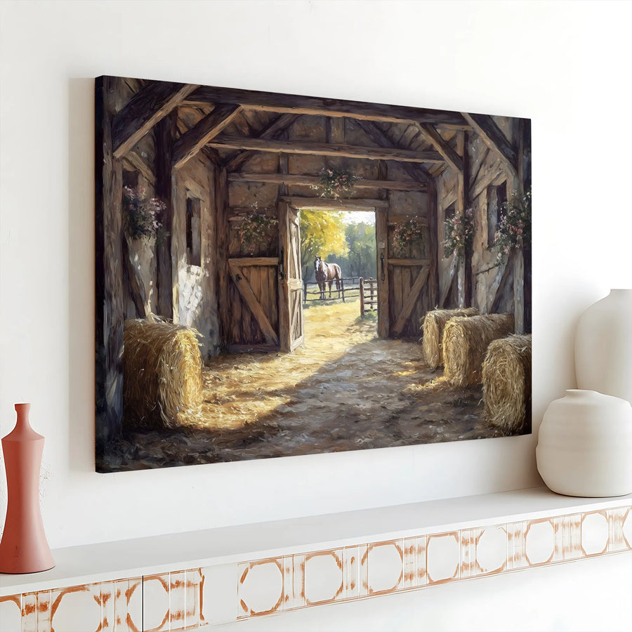 Rustic Barn Scene Horizontal Canvas | Country Farmhouse Horse Wall Art | Premium Fade-Resistant Gallery Wrap Print | Warm Vintage Cottage Decor Gift