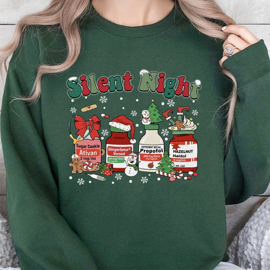 Silent Night Christmas Sweatshirt | Funny Nurse Medical Theme Graphic | Premium Cotton Blend | Gift for ICU RN and Healthcare Professionals