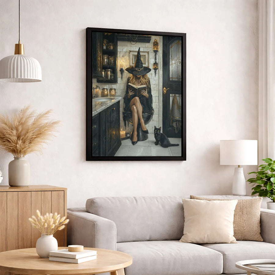 Witch Reading on Toilet Canvas Print | Funny Gothic Bathroom Wall Art | Premium 1.25-inch Thick Gallery Wrap | Unique Witchy Home Decor Gift