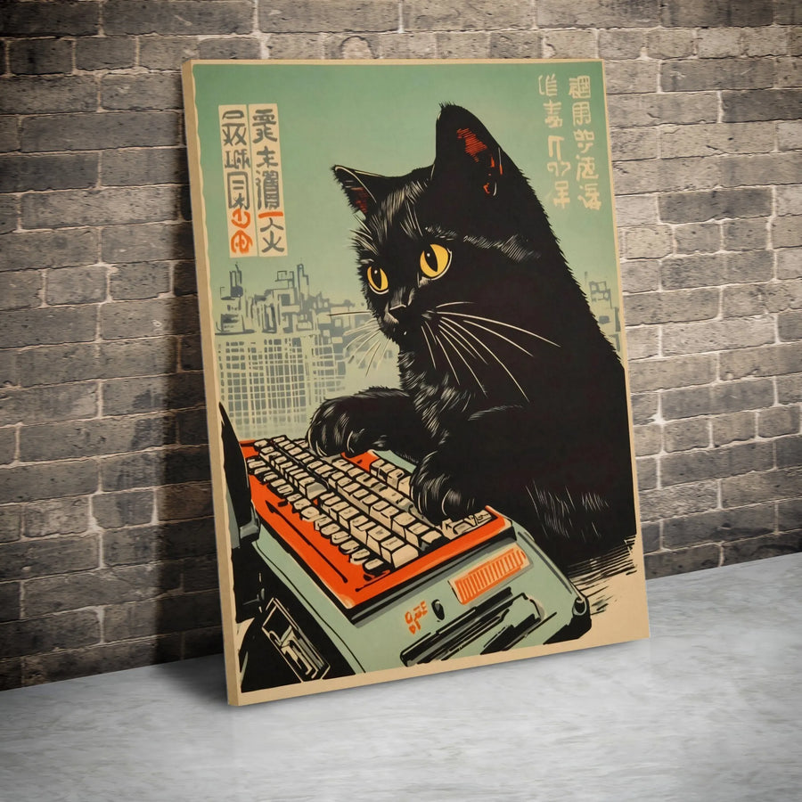 Black Cat Typing Canvas Print | Japanese Ukiyo-E Retro Aesthetic | Gallery-Quality 1.25-Inch Profile | Quirky Office Art & Cat Lover Gift