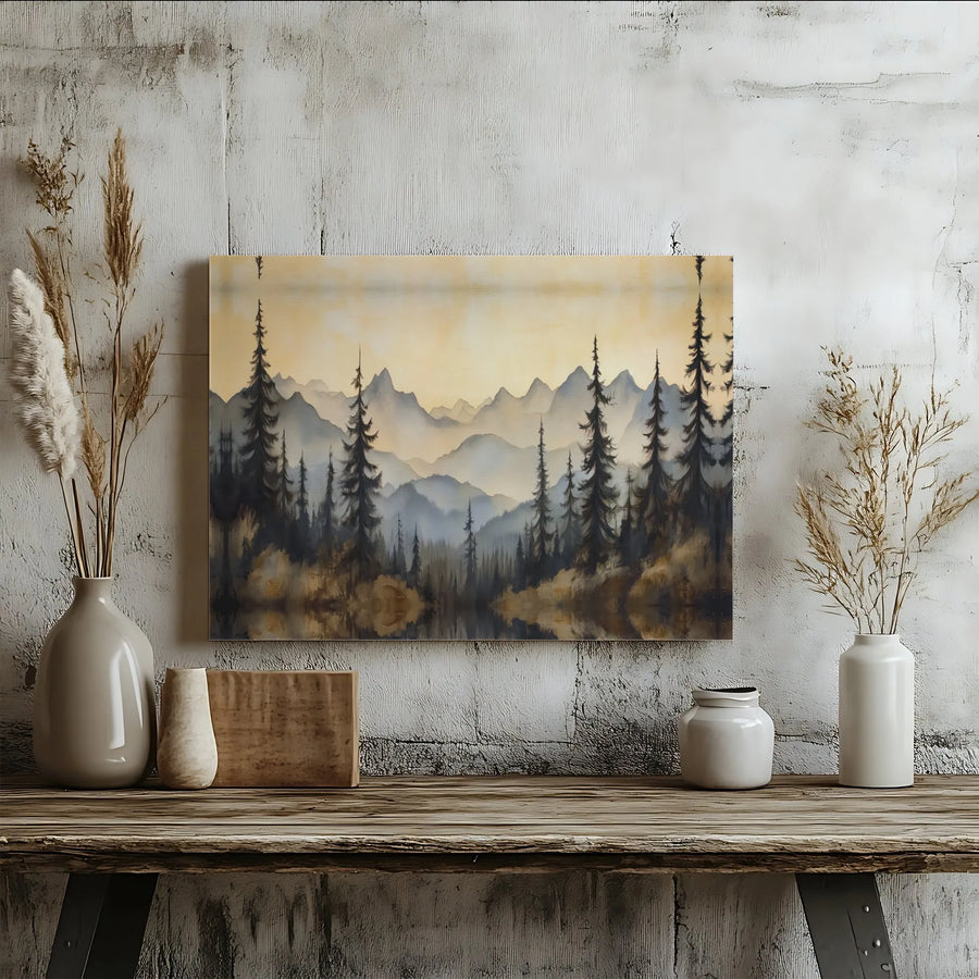 Mountain Landscape Canvas Print | Watercolor Pine Forest Reflection | Premium Gallery Wrap Wall Art | Rustic Living Room Decor Gift