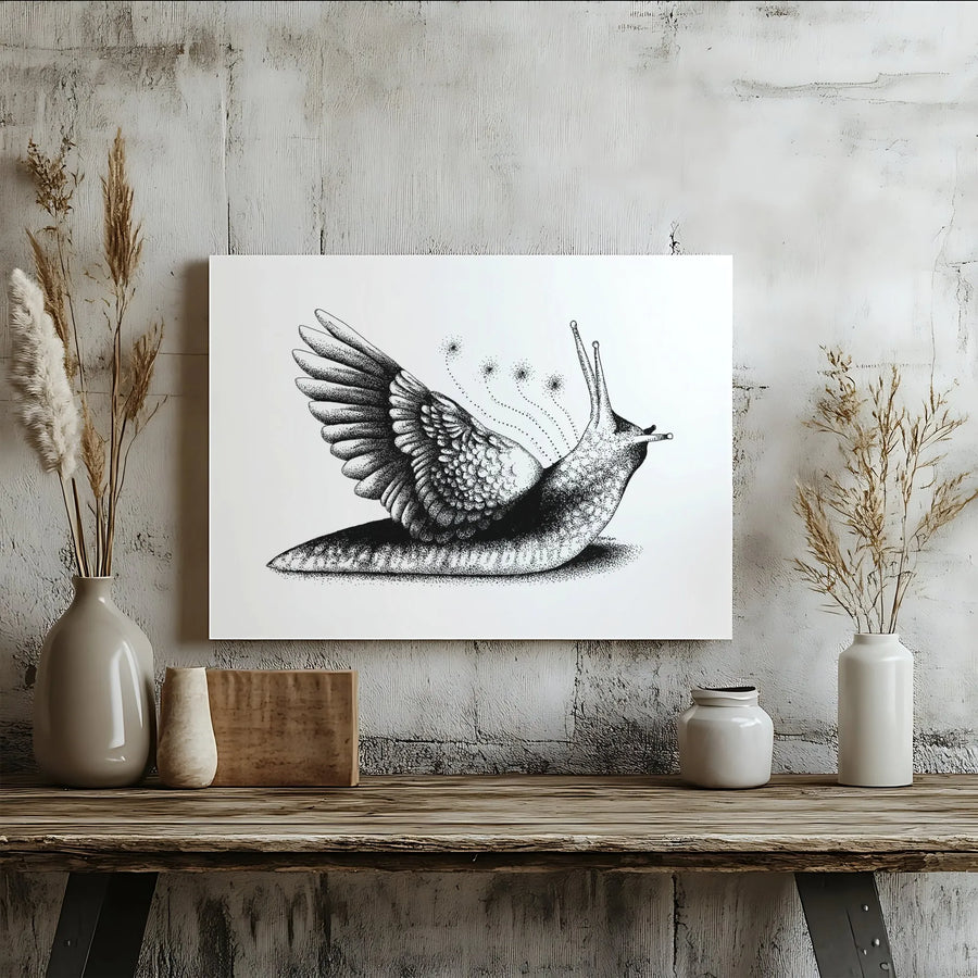 Surreal Winged Slug Canvas Art | Stippling Dotwork Illustration | Premium 1.25" Gallery Wrap | Unique Surrealist Wall Decor Gift