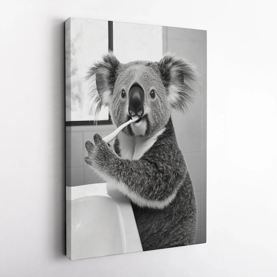 Koala Brushing Teeth Canvas Art | Funny Bathroom Animal Wall Decor | Premium Stretched Gallery Wrap | Whimsical Home Decor Gift