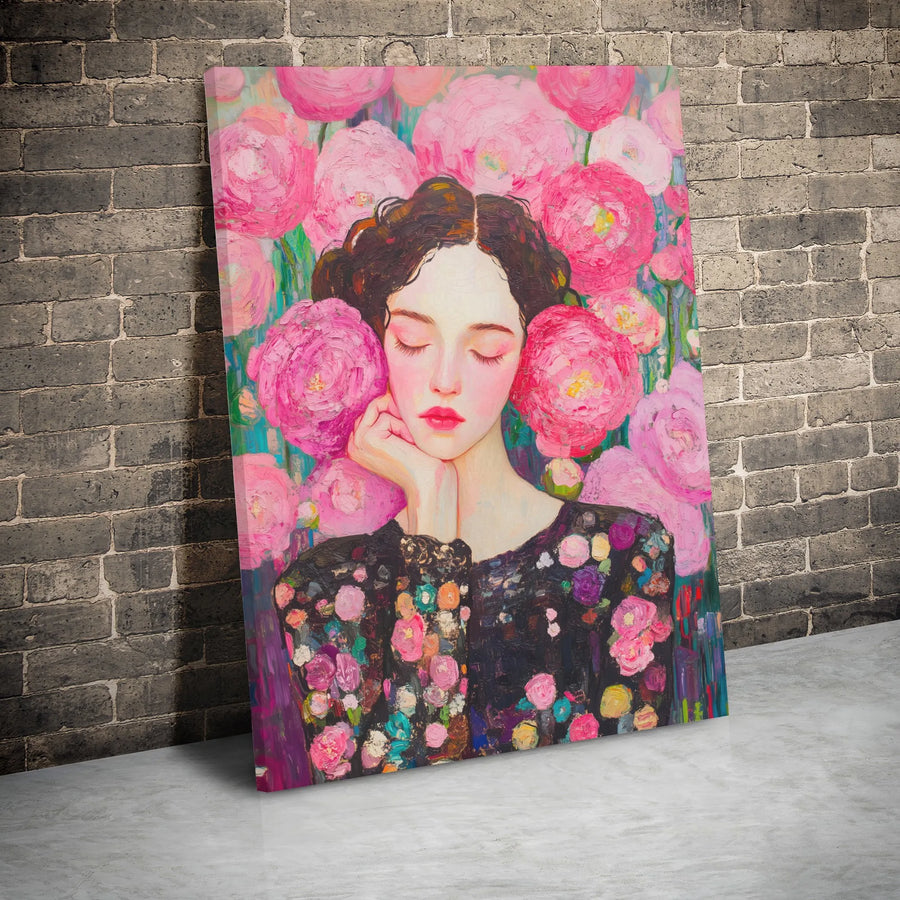 Floral Woman Portrait Canvas | Impressionist Pink Peony Art | 1.25-Inch Gallery Wrap Print | Elegant Feminine Home Decor Wall Art