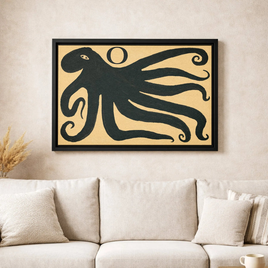 Black Octopus Canvas Wall Art | Minimalist Coastal Sea Creature Print | Premium 1.25-Inch Gallery Wrap | Modern Beach House Home Decor Gift