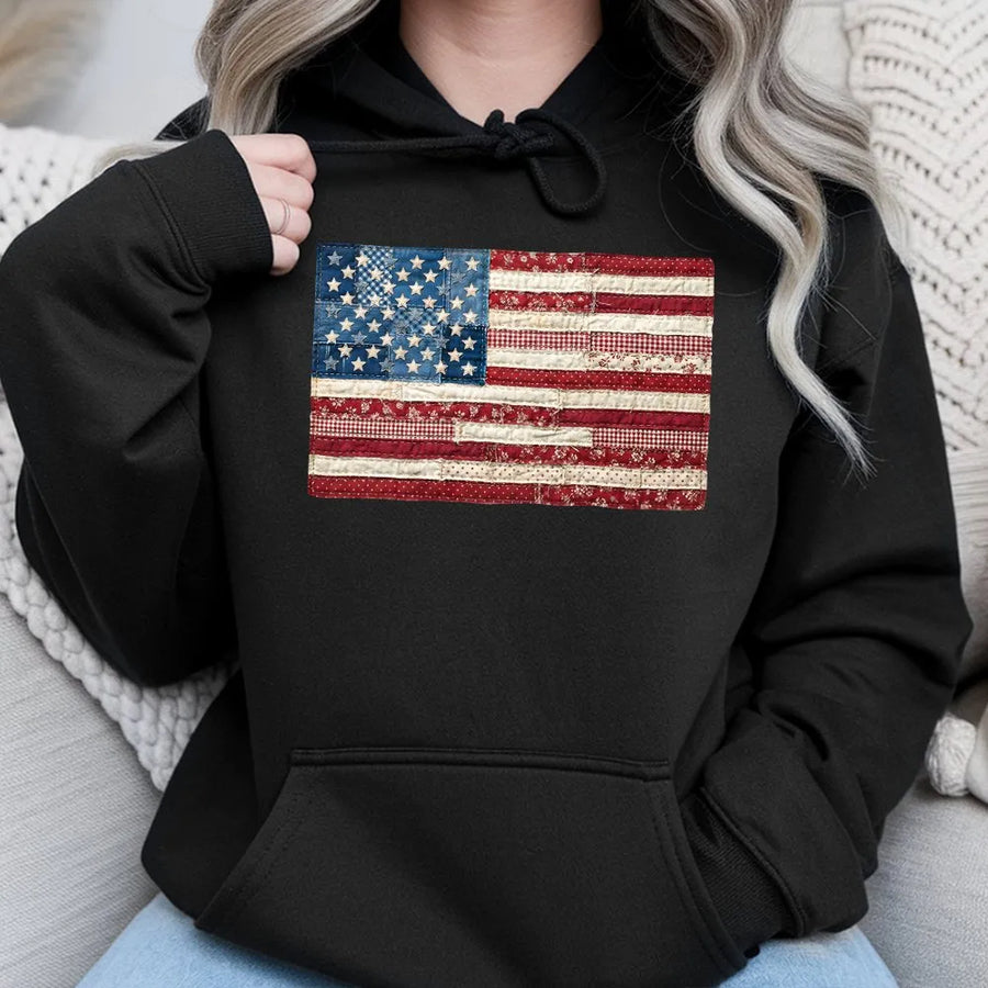 American Flag Hoodie | Vintage Patchwork Graphic Pullover | Cozy Cotton Blend | Fourth of July Patriotic Gift for Men & Women