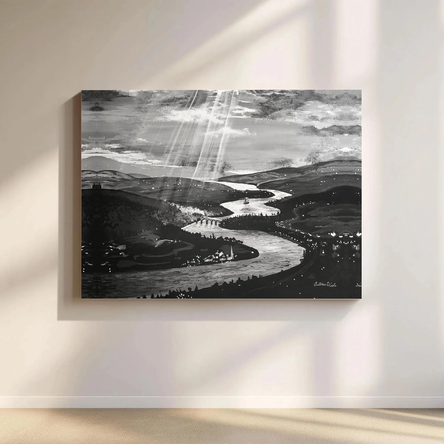 Winding River Valley Landscape Canvas | Black and White Nature Wall Art | 1.25" Gallery Wrap | Premium Home Decor Gift