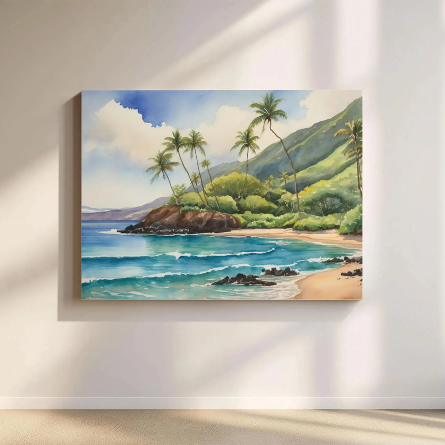 Tropical Beach Canvas Wall Art | Watercolor Palm Tree Ocean Landscape | Premium Gallery Wrapped Print | Coastal Home Decor Gift