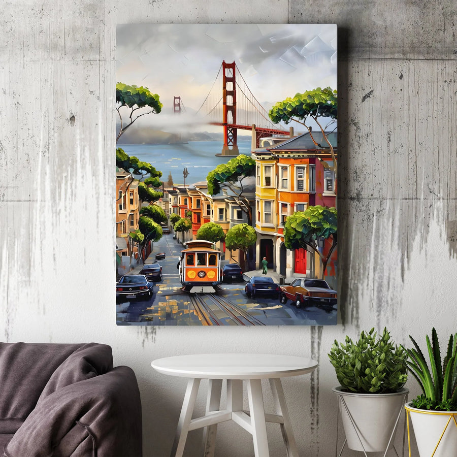 San Francisco Canvas Wall Art | Artistic Cityscape with Golden Gate Bridge | Premium Frameless Print | Collector's California Home Decor Gift