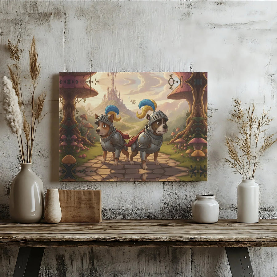 Fantasy Dog Knight Canvas Print | Whimsical Medieval Warrior Pups in Enchanted Mushroom Forest | Premium Gallery Wrapped Wall Art | Kids Room Gift