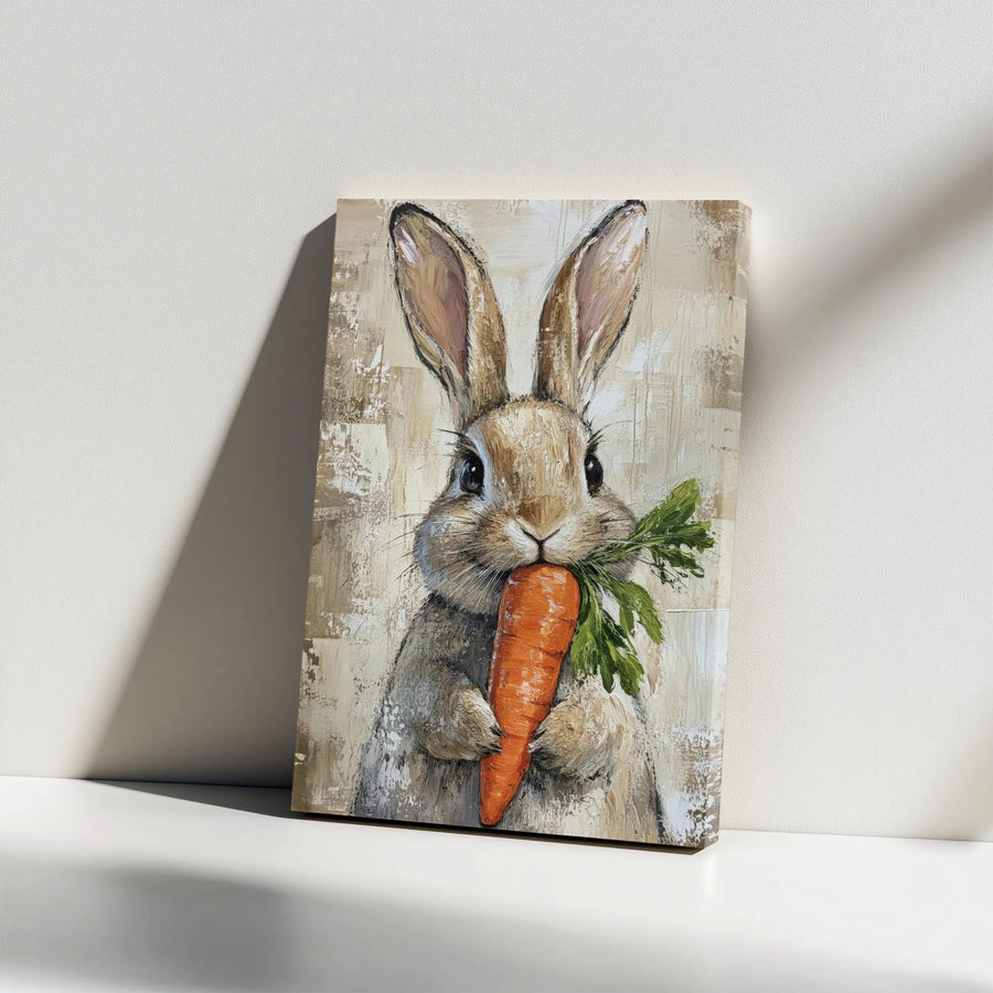 Rabbit Canvas Wall Art | Cute Bunny Eating Carrot Painting | Premium Frameless Canvas | Rustic Farmhouse Nursery Decor Gift for Kids