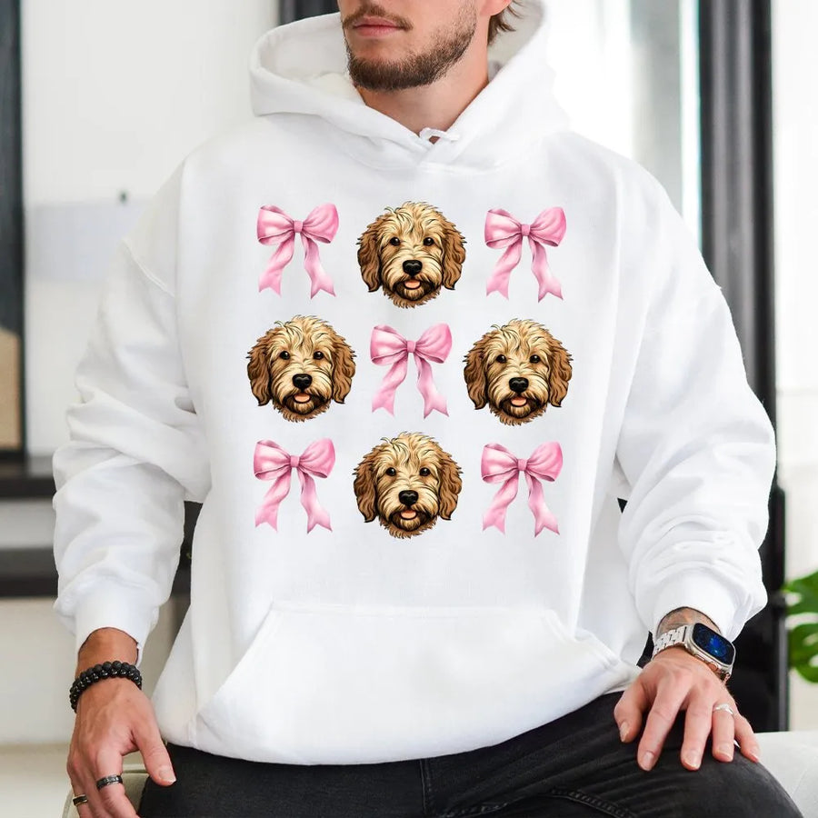 Goldendoodle Hoodie | Cute Pink Bow Dog Lover Design | Premium Cotton Blend | Aesthetic Dog Mom Sweatshirt Gift for Her