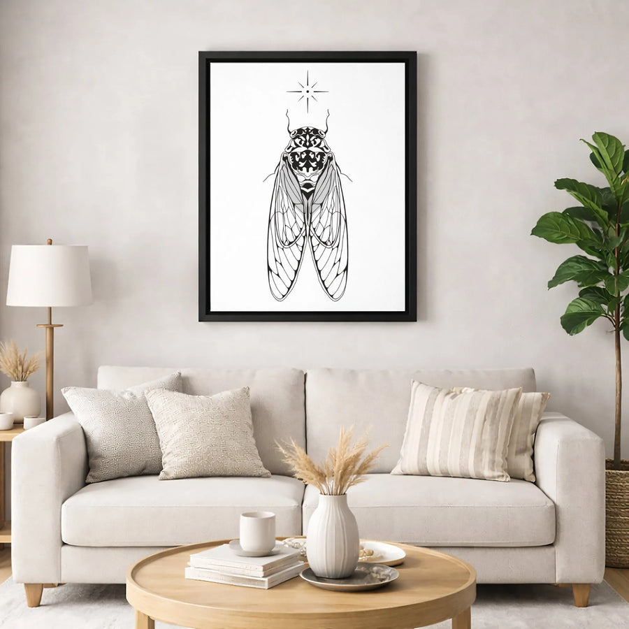 Cicada Wall Art Canvas | Celestial Moth Insect Illustration | Premium Gallery Wrap Print | Modern Botanical Home Decor Gift