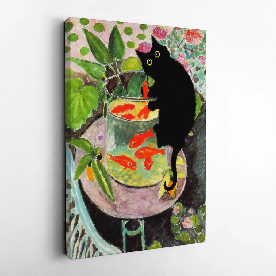 Black Cat and Goldfish Canvas Art | Whimsical Fauvism Style Print | Premium 1.25-inch Gallery Wrap | Unique Home Decor Gift for Cat Lovers
