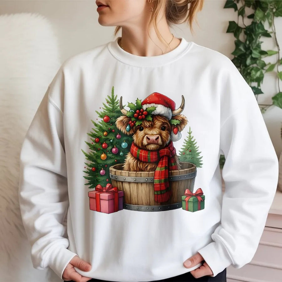 Christmas Highland Cow Sweatshirt | Festive Santa Hat Cow Graphic | Premium Cotton Blend Crewneck | Cute Holiday Animal Gift for Her