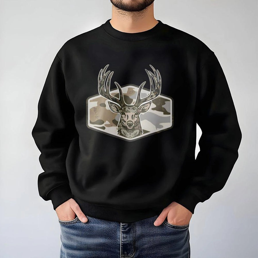 Deer Hunting Sweatshirt | Whitetail Buck in Camo Hexagon Graphic | Cotton-Poly Premium Blend | Gift for Hunters and Outdoorsmen